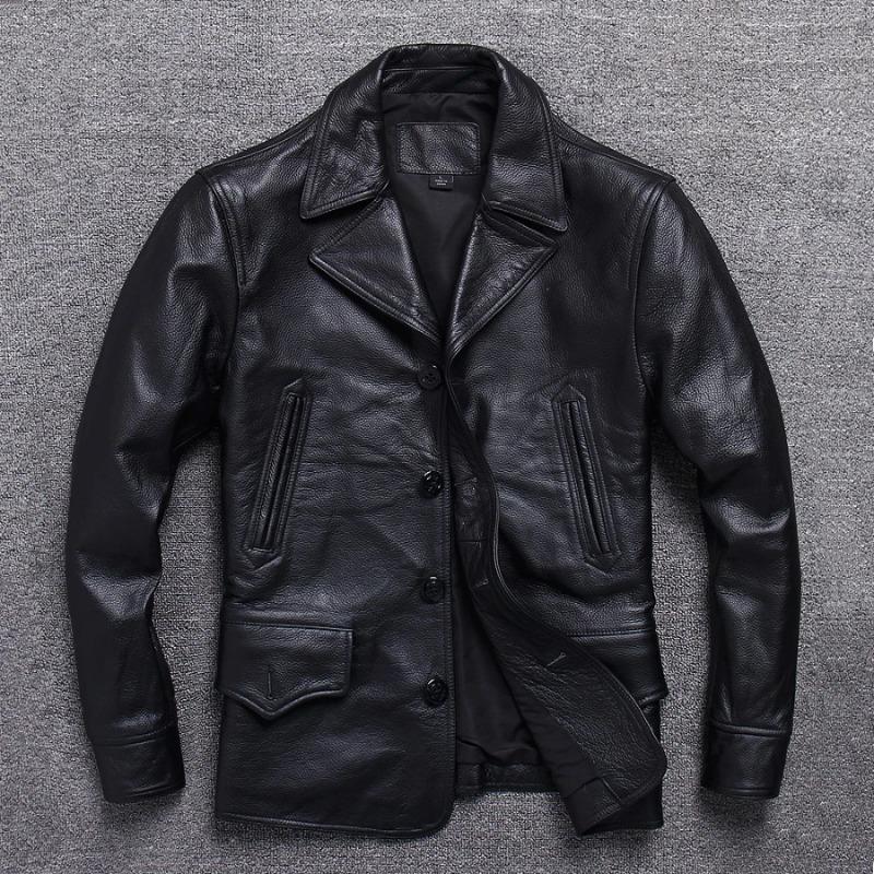 Chinesische Größe Echte Kuhhornschnallen Echte Rindslederjacke Herren Echtledermantel Klassische schwarze Jacke Lässige Lederbekleidung Herbst