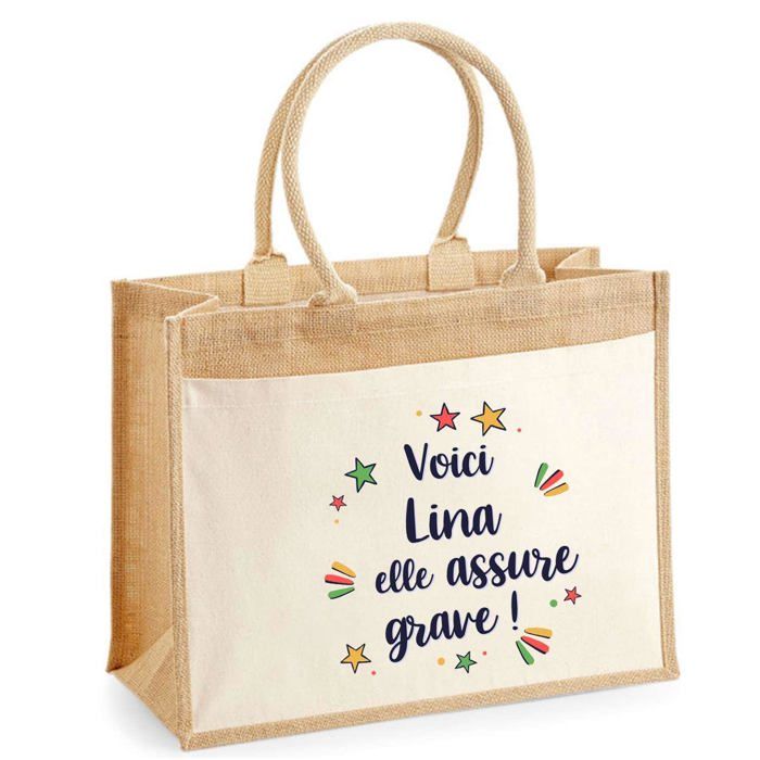 Sac cabas - PLANETEE - jute avec poche Lina elle assure grave ! - Jute - Imprimé en France - 43x33 cm