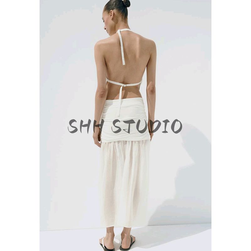 Summer New Product Women's Clothes Minimalist Linen Blend Ruched Decoration Patchwork Mid Waist Midi Dress 4661441