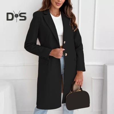 Manteau d'hiver en laine pour femme avec fermeture à boutons, épais, mi-long, couleur unie, col rabattu, veste chaude, formelle, pour les affaires, les déplacements quotidiens