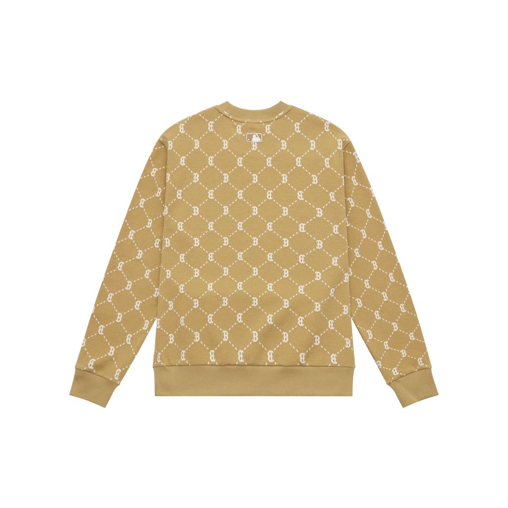 MLB Boston Red Sox Monogram Basic All Over Print Casual Sports Long Sleeve Pullover Crewneck Sweatshirt Unisex sweatshirt Camel 3AMTM1344-43CAS