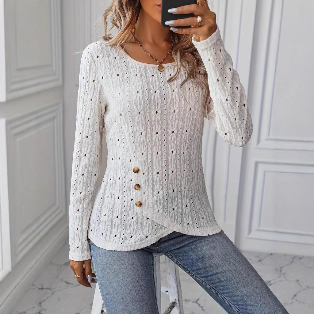 A New Spring Long-sleeved Knitted Solid Color Jacquard Button Top for Fashionable Women