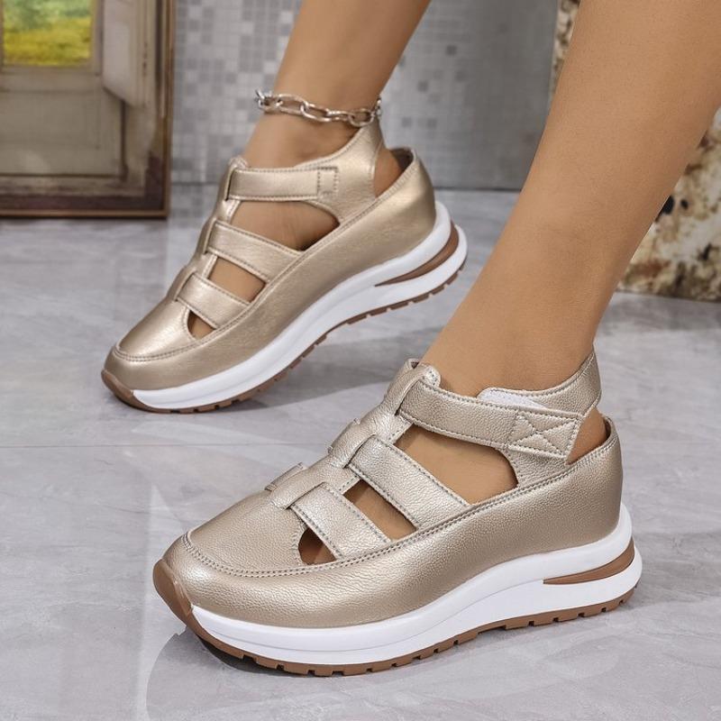 

Sporty Women s Sandals Summer New Thick Bottom Breathable Hollow Out Large Size White Shoes Magic Tape Platform Sandals 35 золотой