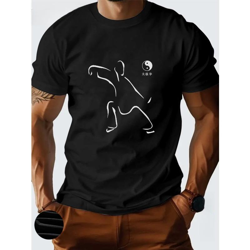 

Men s Tai Chi Print Breathable T-Shirt - Casual Short Sleeve Round Neck Summer Top, for Outdoor Activities & Casual Attirel 4XL чорний