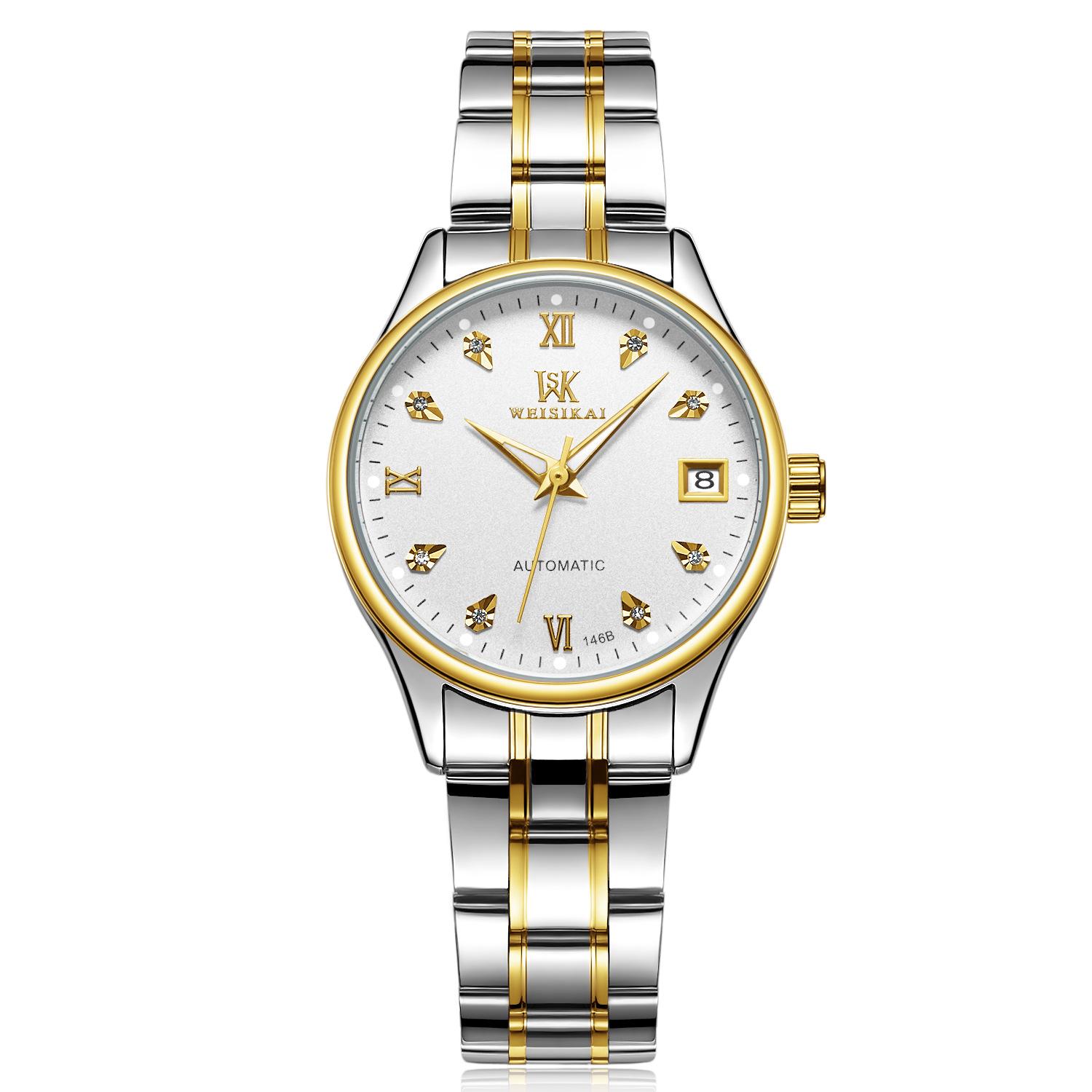 

WEISIKAI 146B Женские часы Новые роскошные женские часы высшего бренда с коробкой Водонепроницаемые светящиеся календари Автоматические женские механические часы белый/золотой