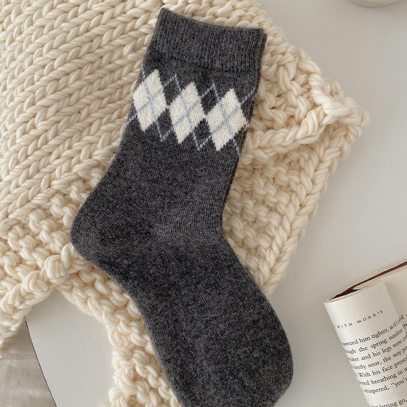 Socks Gray Boneless Wool Thickened Bow Warm Pile Socks Korean Socks Medium Tube Socks