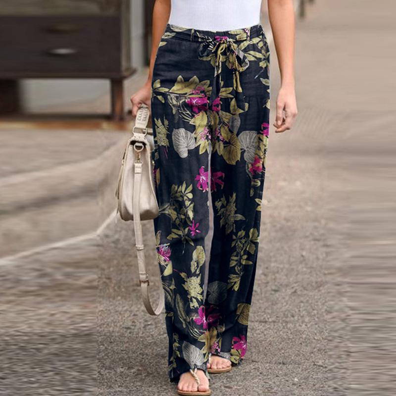 Vintage Women Drawstring Trousers Spring Autumn Fashion Floral Printed Wide Leg Pants Ladies Casual Loose Long Pant