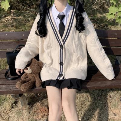 College Style Women's Loose Knit Shirt with Contrasting Color Design Women's Sweater Jacket Casual Female Student Uniform Cardigan