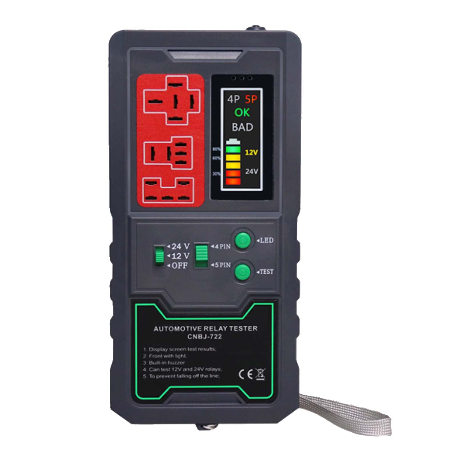 

12В/24В Автомобільний тестер реле, Діагностичний інструмент для перевірки 4-контактних/5-контактних реле, системи запуску та зарядки автомобіля