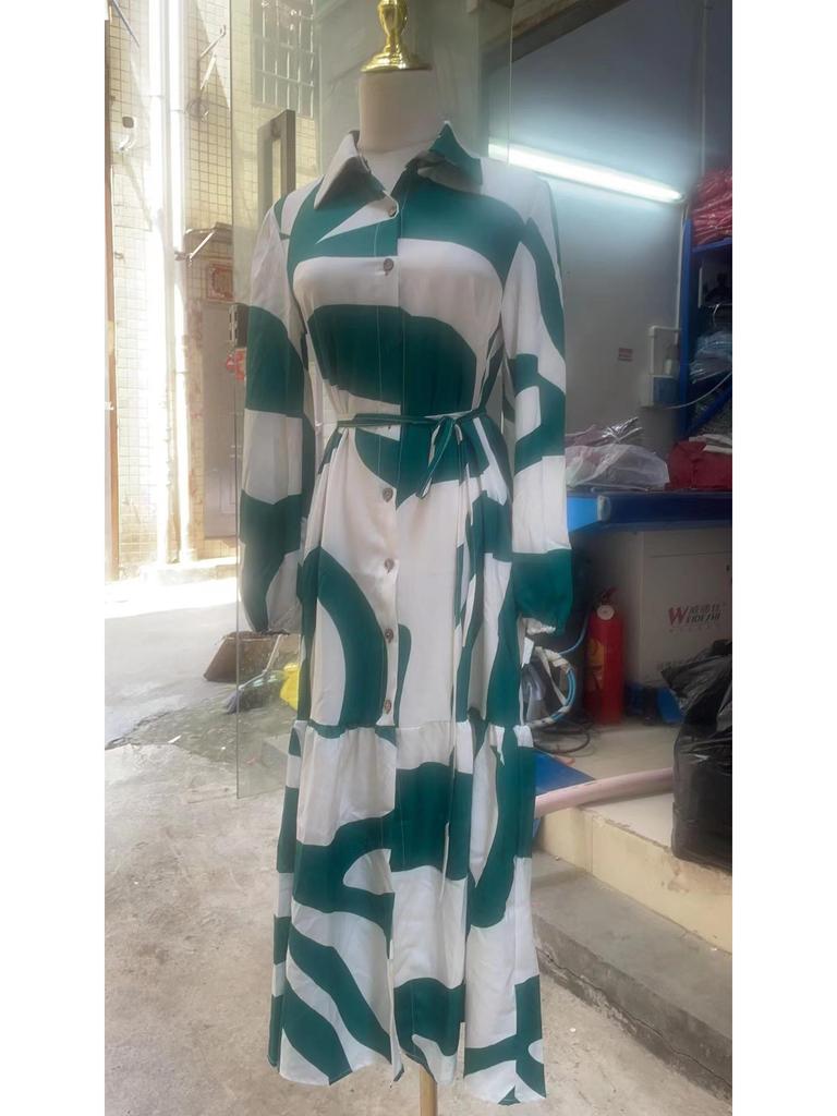 2025 European & American Spring/Autumn Fashion Print Long Shirt Dress with Tie-Up and Pockets