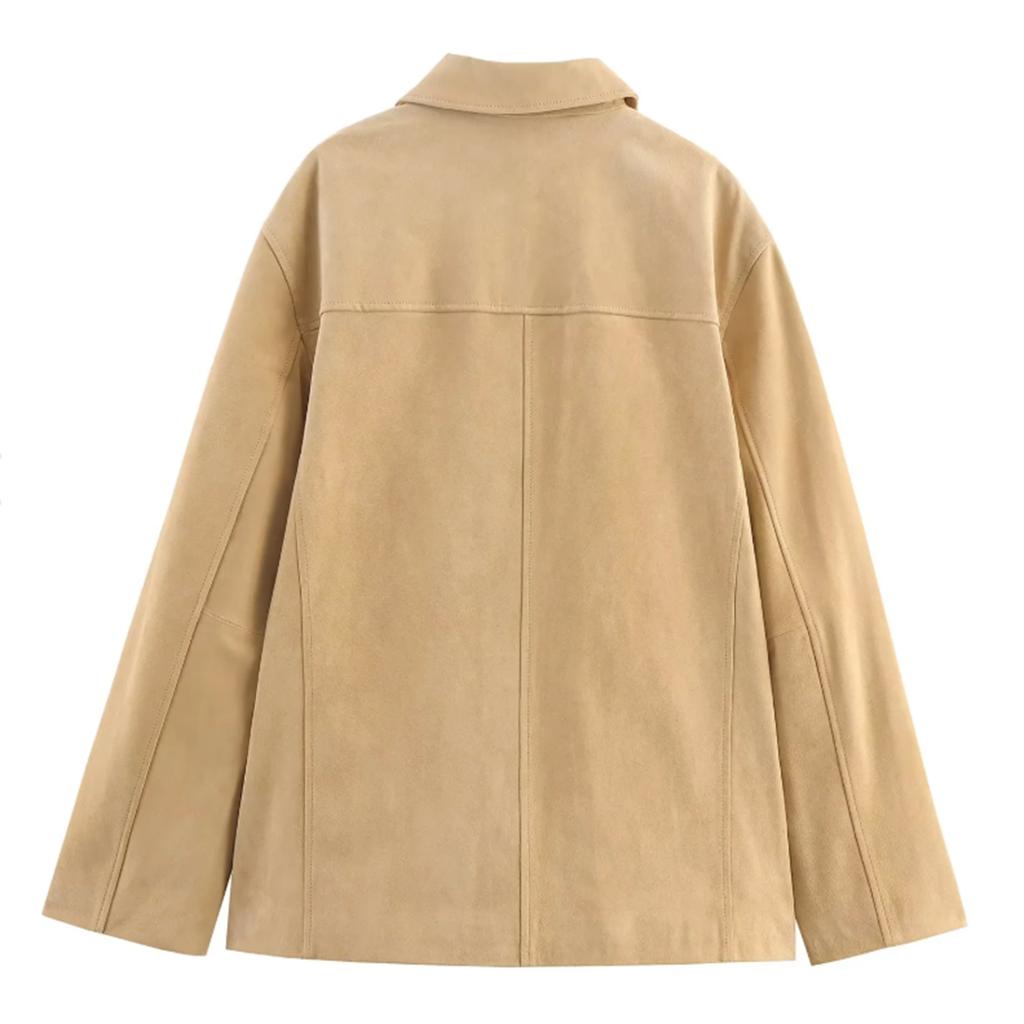 Women's Fashionable Suede Solid Color Loose Fit Suede Leather Long-Sleeved Jacket