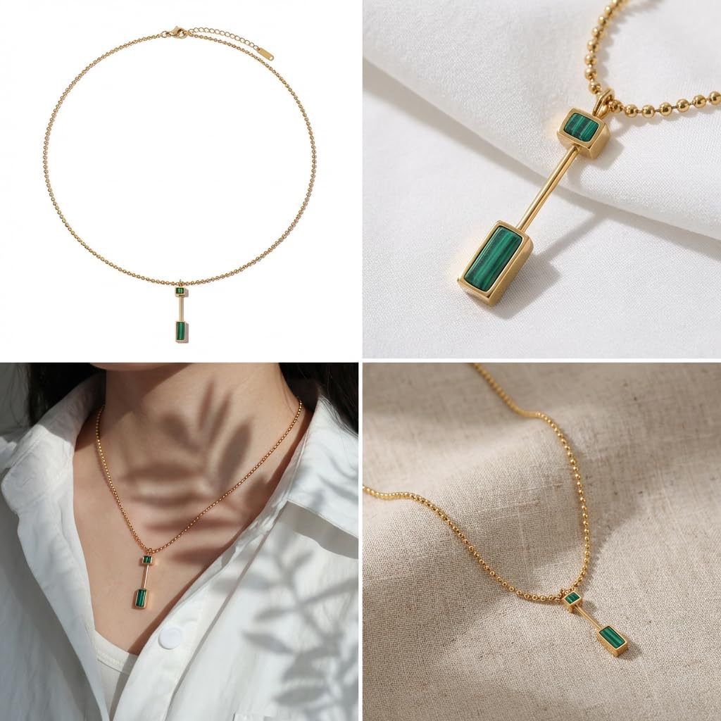UELSTA Geometric Malachite Bar Pendant Necklace for Women - Sustainable, K18 Gold Plated Stainless Steel, Linear Design, Ethical Malachite,