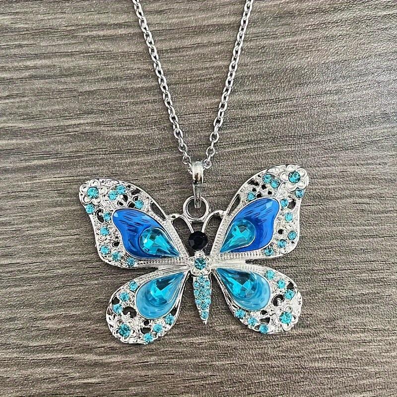 Retro Multicolor Rhinestones Butterfly Pendant Necklace Silver Plated Jewelry