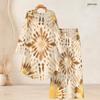 Women Plus Size Two Piece Set Round Neck Long Sleeve Printed High Low Top Wide Leg Pants