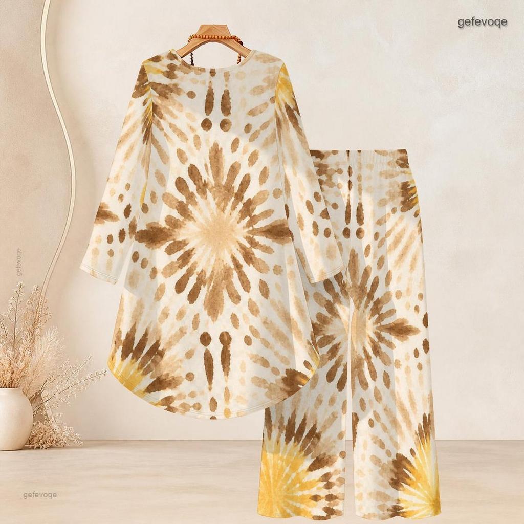 Women Plus Size Two Piece Set Round Neck Long Sleeve Printed High Low Top Wide Leg Pants