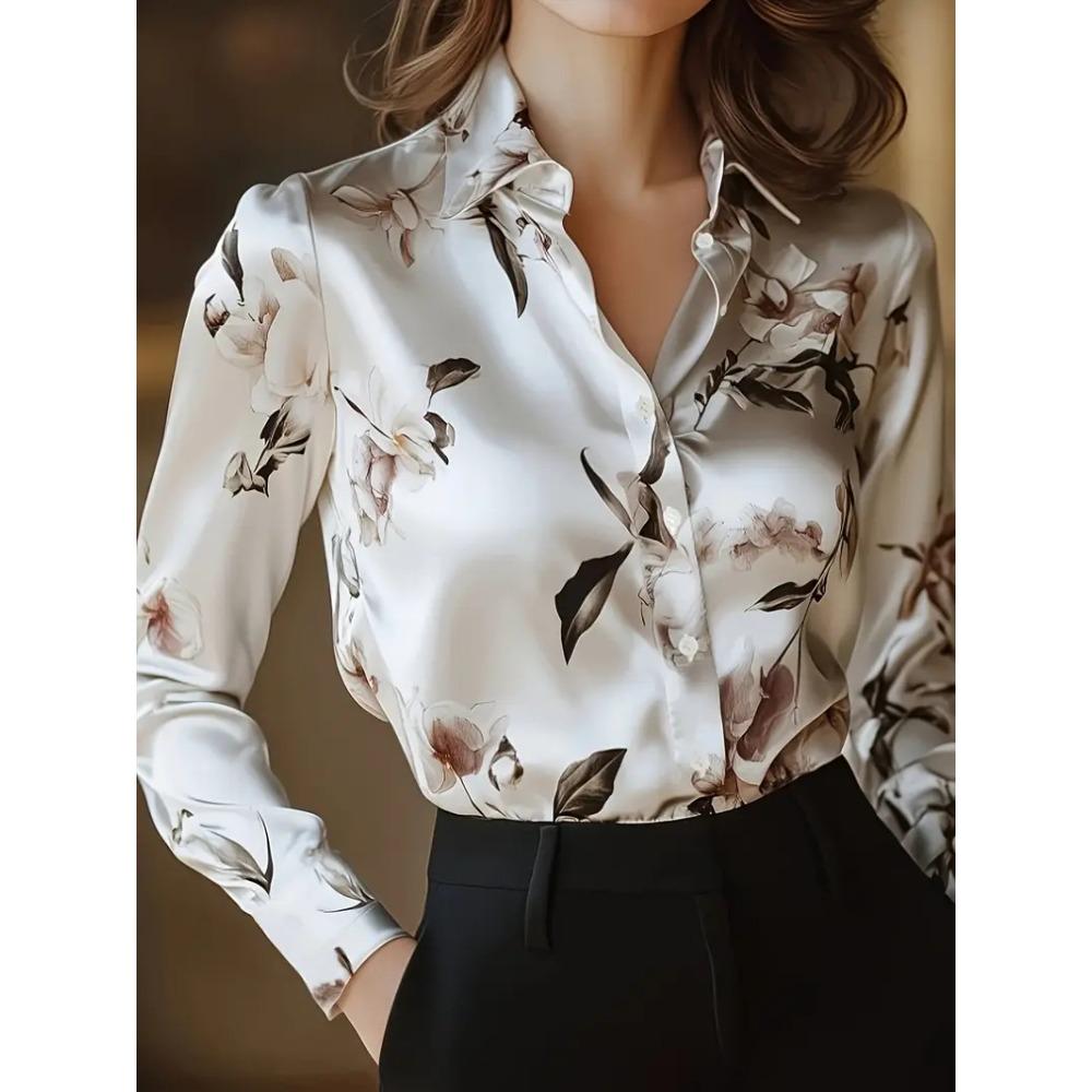2026 New Small Fresh Floral Print Satin Blouse for Women Slim Fit Office Commute Long Sleeve Shirt