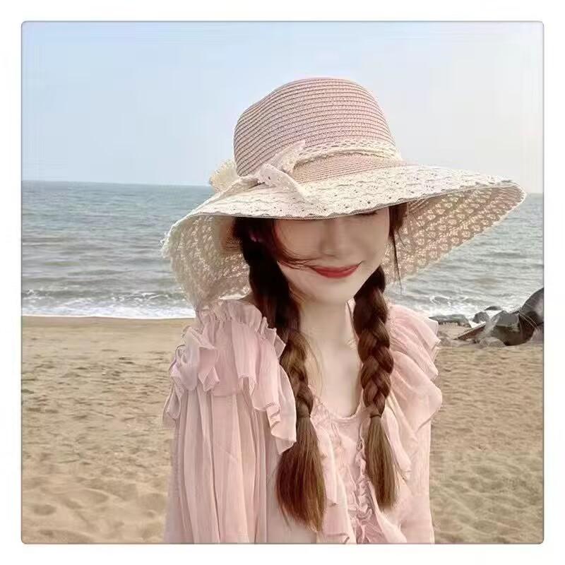 Hollow edge lace bow fashion seaside vacation bucket hat women outdoor sun protection straw hat sun hat summer