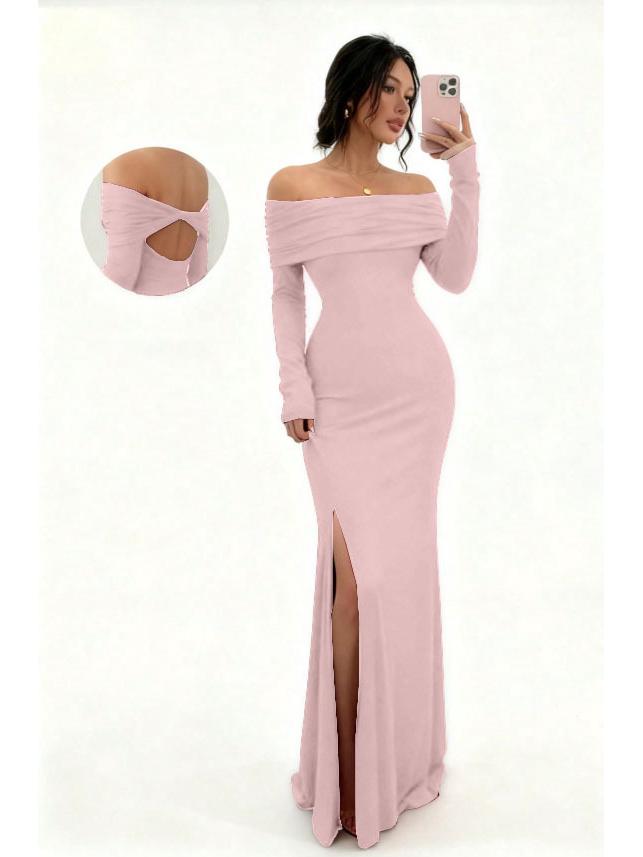 2026 Autumn One-Shoulder Slit Long Sleeve Slim Fit Socialite Dress