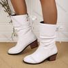 Comemore Autumn Winter New Middle Heel Lace-up Mid-calf Boots for Women Casual Solid Thick Heeled Female Round Toe Short Boats