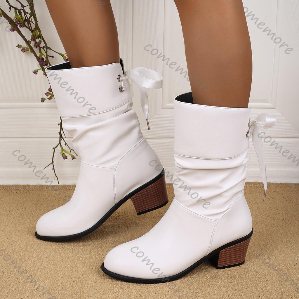 Fashion Comemore Autumn Winter New Middle Heel Lace-up Mid-calf Boots for Women Casual Solid Thick Heeled Female Round Toe Short Boats