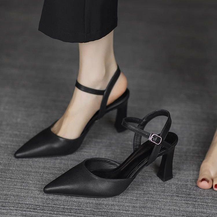 Fashion French high heels women's thick heel toe sandals 2025 summer new style rear empty single shoes