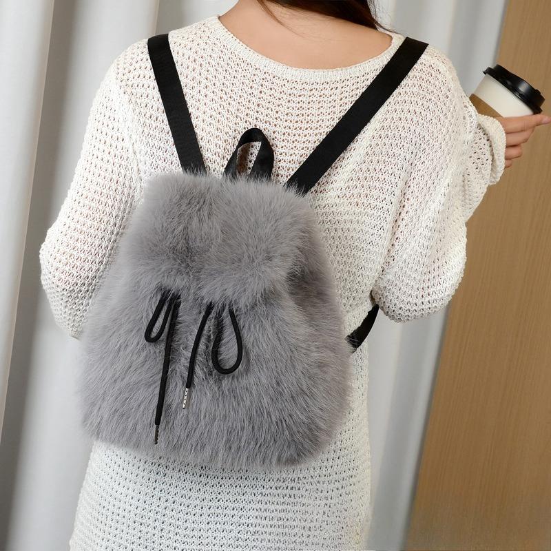 Mochila de Pelúcia Y2k Feminina Pequena Fofa com Cordão Leopardo Fofa Bolsa Macia Liso Lã Mochila de Lã Quente de Inverno Mini Mochila de Pele Sintética