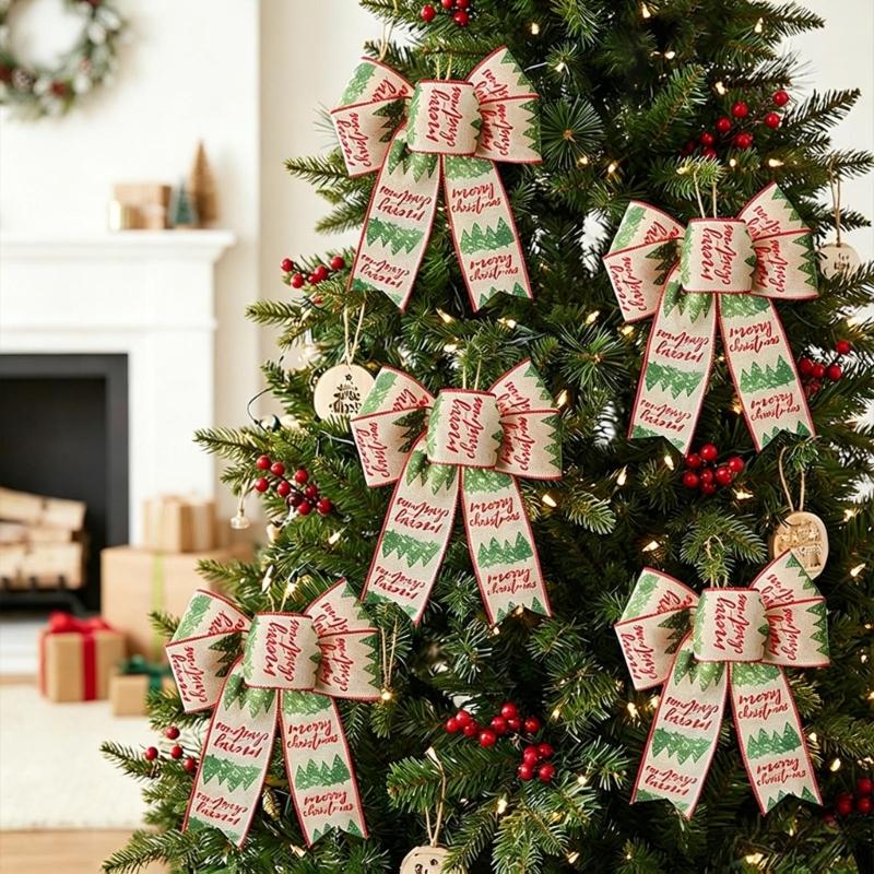 Double Layer Christmas Bowknot Decoration Set of 4 Soft Fabric Ribbon Ornaments with Stitched Center for Seasonal Home Styling