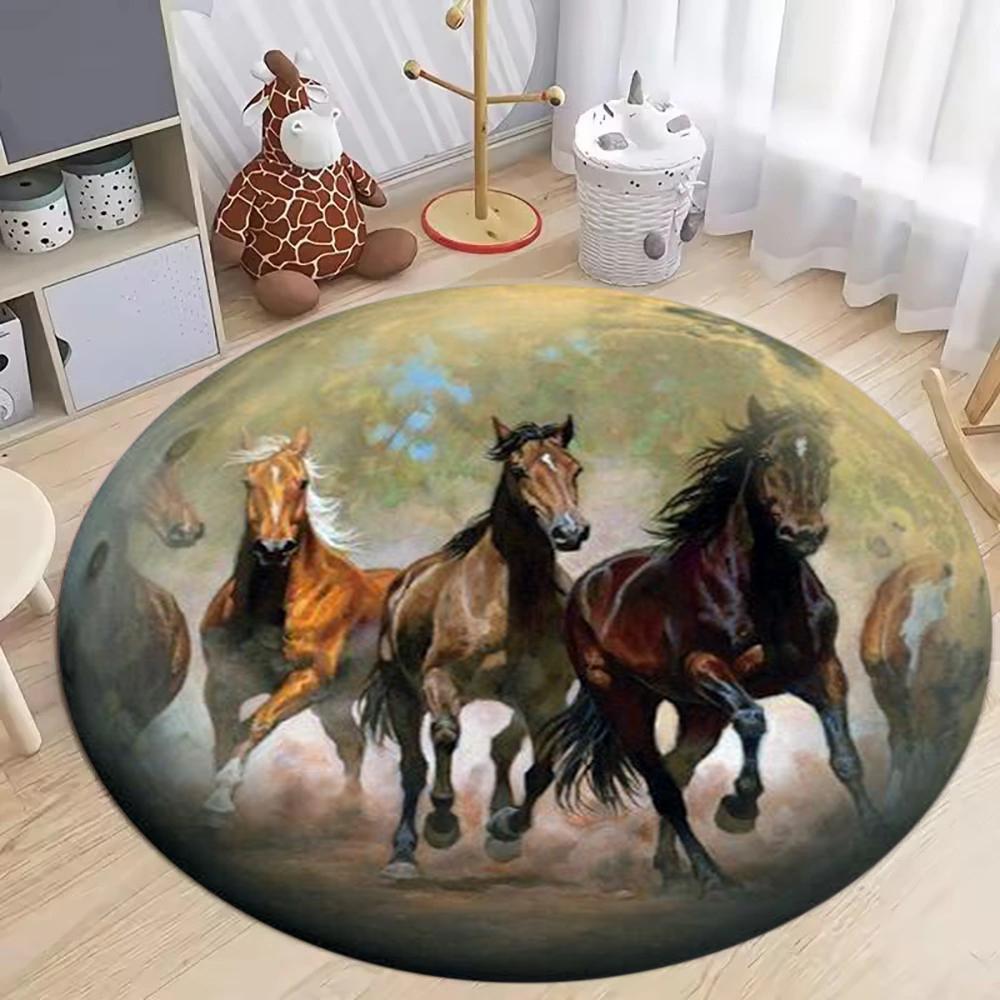 

3D Динамичные скачущие лошади Круглый ковер Черный Коричневый Бежевый Конный принт Мягкий коврик для пола Гостиная Спальня Домашний декор 80cm x 80cm