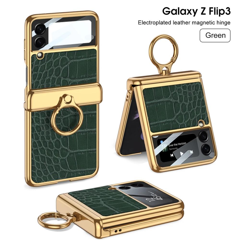 Pro Samsung Galaxy Z Flip 3 4 5 6 Pouzdro Ultratenká Ochrana Obrazovky Coque Fundas Luxusní Kůže s Kroužkem Pokovení Magnetický Kryt