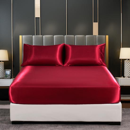 Glossy Satin Sheets Solid Color Pillowcases Sheet Fitted Sheet Cooling Wrinkle-Free Silky
