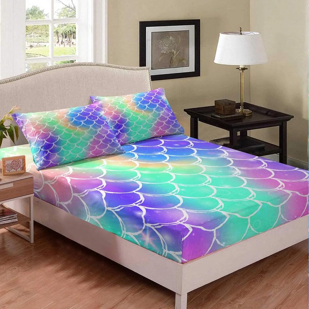 Mermaid Scale Fitted Sheet Fish Scales Bedding Set Sea Underwater World Bed Sheet Set for Girls Ocean Marine Theme King Size