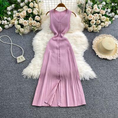 New Summer Solid Round Neck Sleeveless Sweater Knitted Dress for Women Casual Simple Single-breasted Elastic Bottoming Knitwear Dresses