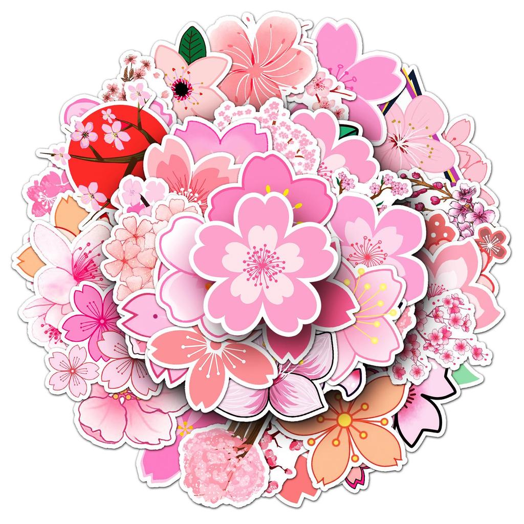 50pcs Cherry Blossom Waterproof Epoxy Stickers: Cartoon, Sports, Graffiti, Journal, Car, Stationery