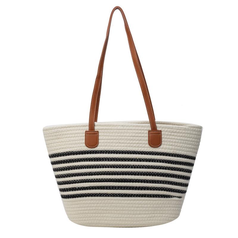 Fashion Cotton Rope Woven Handbag Large Capacity Striped Versatile Vacation Beach Bag Women Straw Casual Shoulder Bag