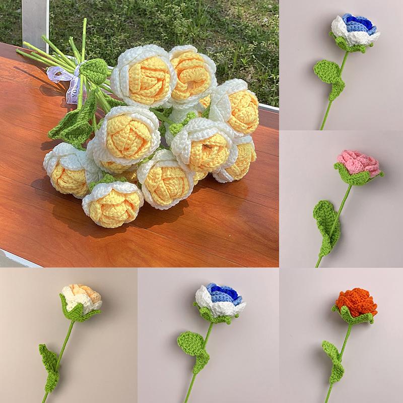 1PC Knitted Flower Rose Fake Flowers Bouquet Wedding Party Decoration Hand Knitting Crochet Woven Artificial Flower Table Decor