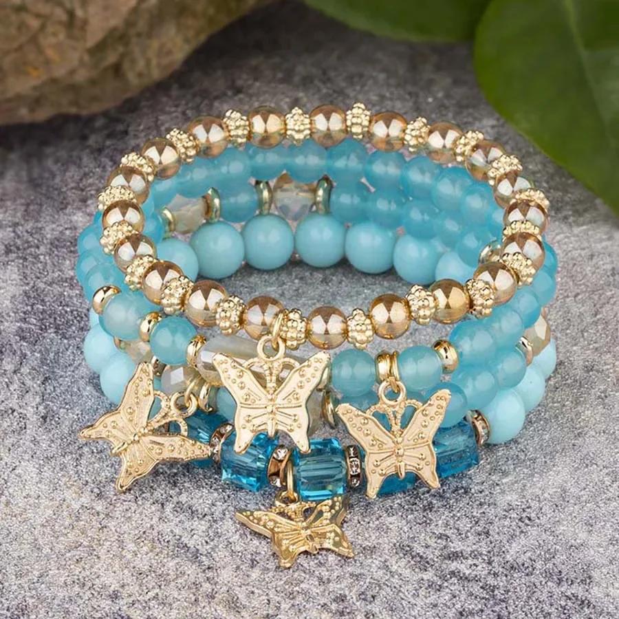 4PCS Bohemia Butterfly Charm Bracelet Set For Women Acrylic Beads Elastic Chain Bangle Men Wristband Fashion Party Jewelry Gift