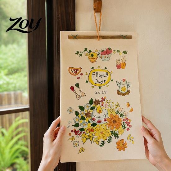 Aesthetic Wall Hanging Decor 2027 Calendar with Wind And Flower Illustrations, Hand-Painted Retro Linen Hand Painted Texture Paper, 12 Month