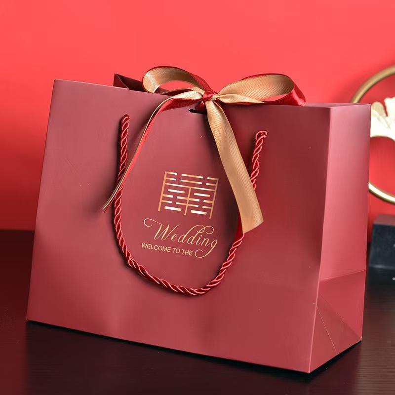 

Red Festive Wedding Gift Bag with Ribbon Handle - Thin Striped Candy/Birthday Packaging