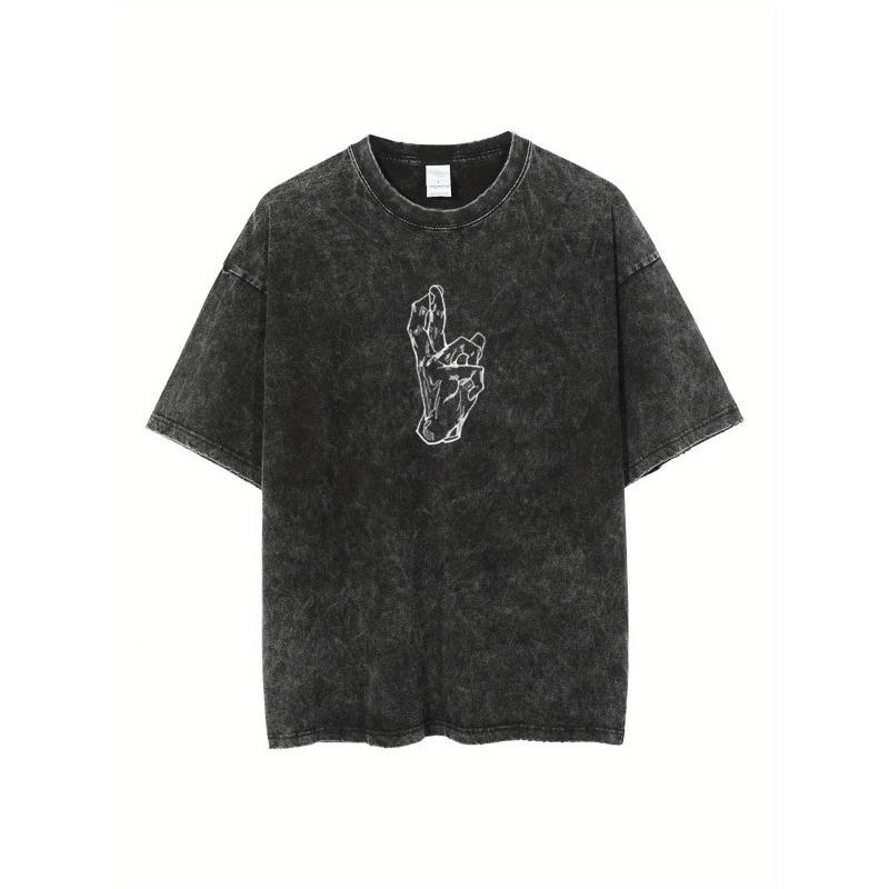 Retro Skeleton Hand Graphic Print T Shirt, Washed Casual Short Sleeve Top