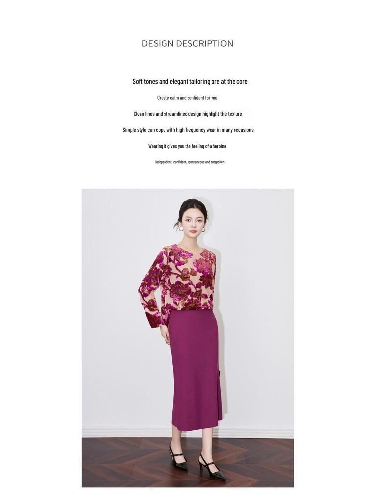 Luxury Women's Long Sleeve Flocked Top with Bright Silk Burnout Design