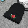 Autumn and Winter Knitted Hat with Rose Blossoms Embroidered Woolen Hat, Warm Hoodie, Cold Hat, No Eaves