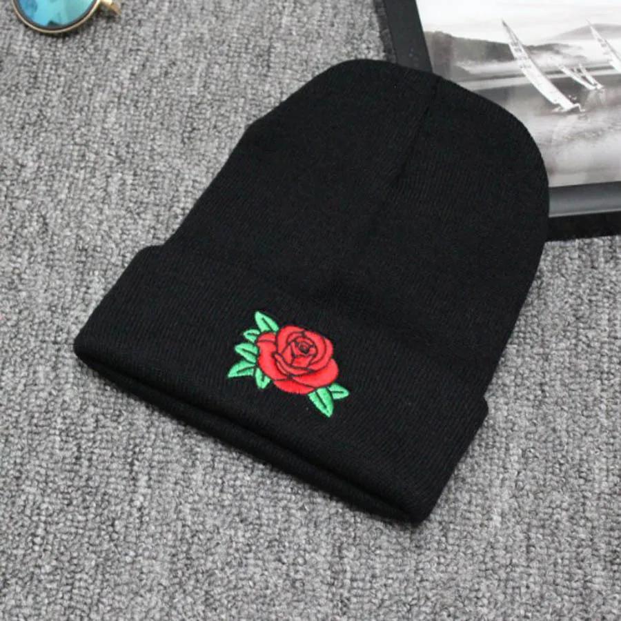 Autumn and Winter Knitted Hat with Rose Blossoms Embroidered Woolen Hat, Warm Hoodie, Cold Hat, No Eaves