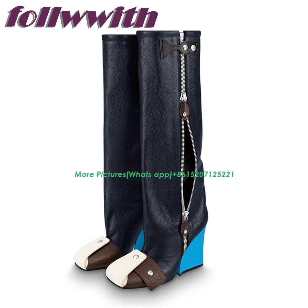 Fashion Patchwork Runway Winter Woman Booties Wedges Knee High Side Zipper Fashion Modern Newest 2025 Shoes Hot Sale Mixed Colors