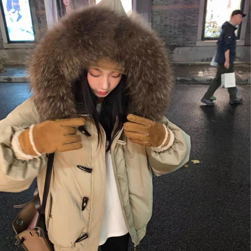 Retro fur collar hooded cotton jacket women's clothing winter new horn buckle thickened warm cotton coat