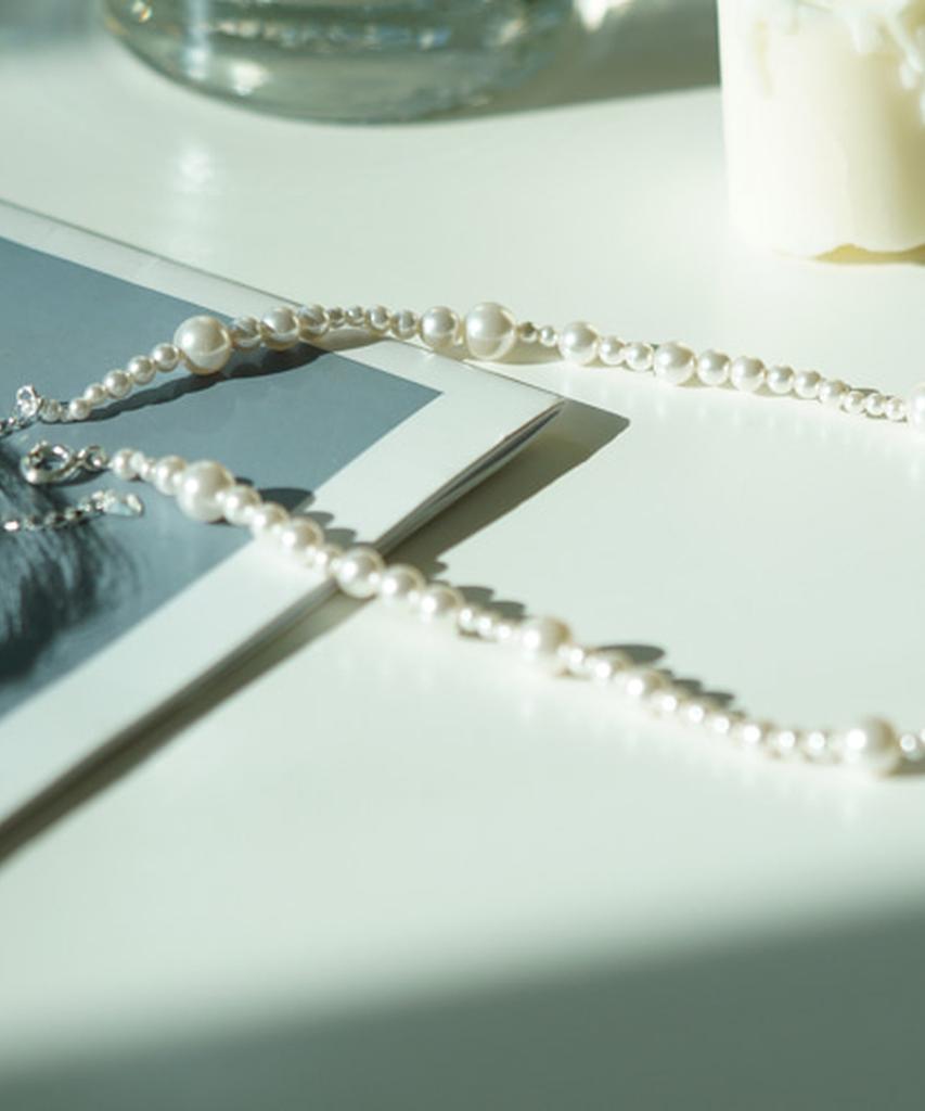 Alleun Swarovski Pearl Bead Necklace Silver 925 Asymmetrical