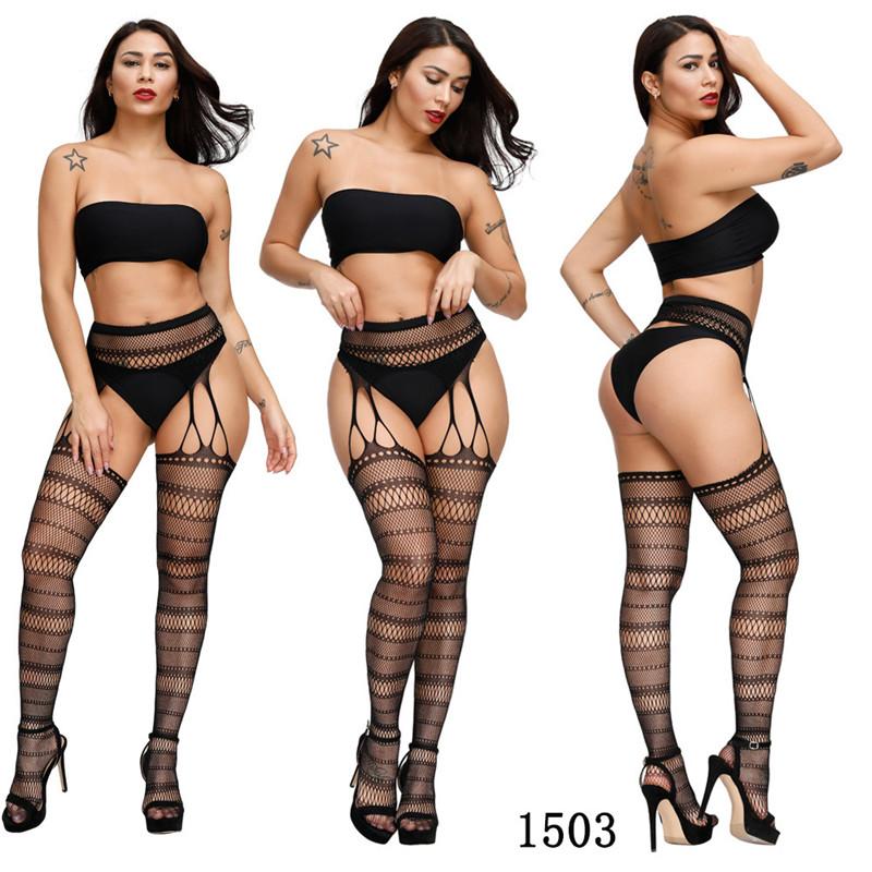 Sexy High-Waist Fishnet Stockings with Garter Belt Transparent Crotchless Pantyhose Plus Size Women's Lingerie