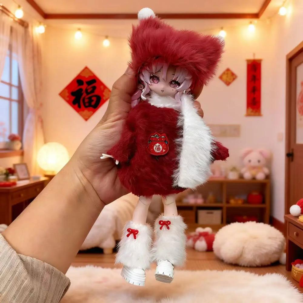 For 1/8 1/12 OB11 BJD Doll Clothes Set - Winter Plush Maid Outfit Cute Warm Doll Dress Up Accessories (Only Clothes)
