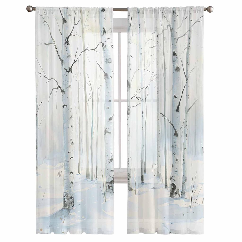 Winter Schneelandschaft Aquarell Birke Transparente Vorhänge Modernes Gazevorhang für Wohnzimmer Schlafzimmer Voile Garn Vorhänge