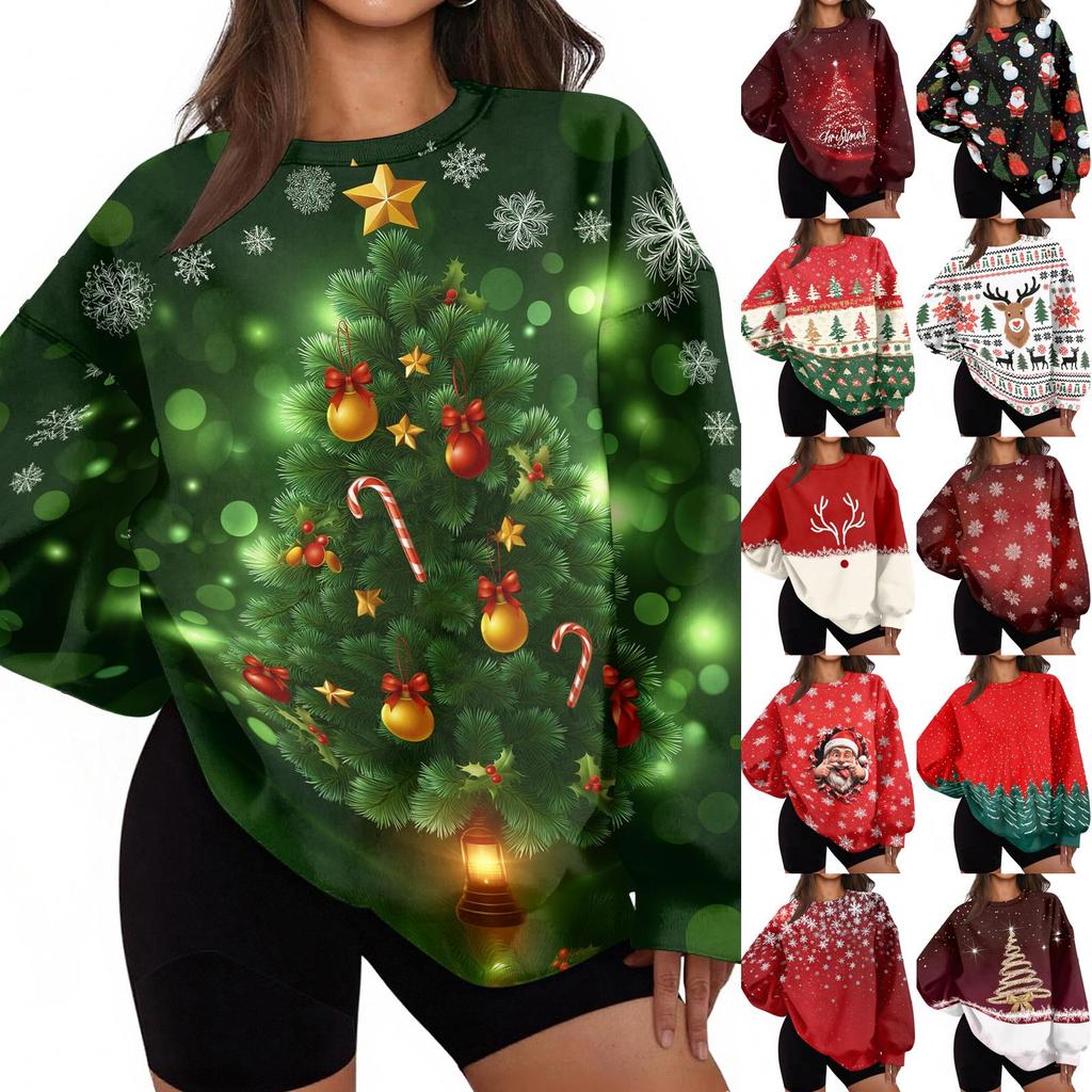 Women's Trendy Christmas Print Crewneck Sweatshirt Lightweight Casual Pullover Top