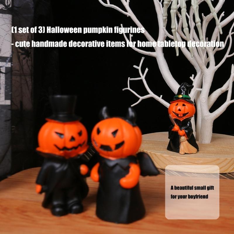 3PCS Pumpkin Man Statues Halloween Decoration Handmade Resin Pumpkin Tabletop Ornament for Mantels Tabletop Display